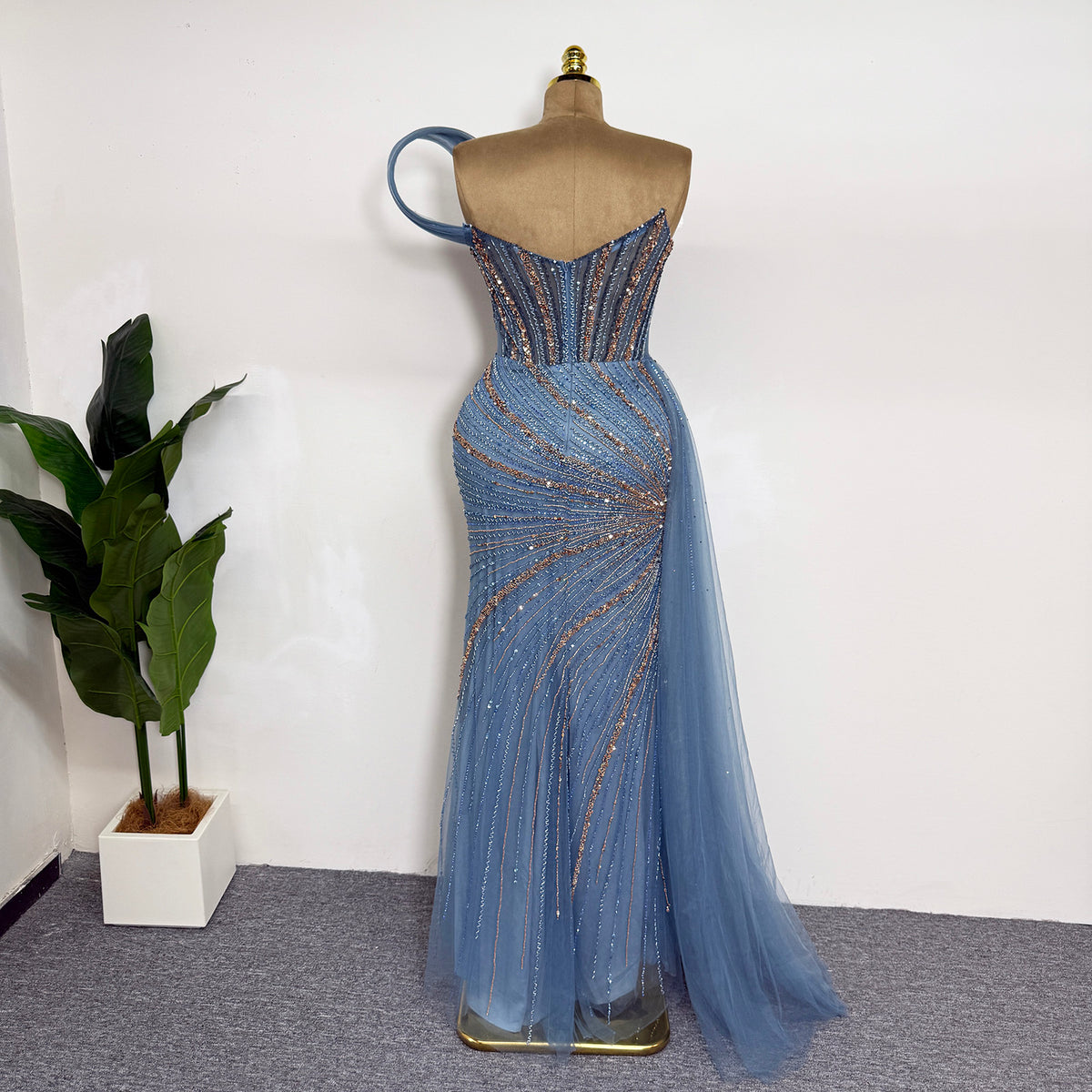 Luxury Dusty Blue Beaded Mermaid Evening Gown One Shoulder Tulle Overskirt Formal Prom Dress EV1727