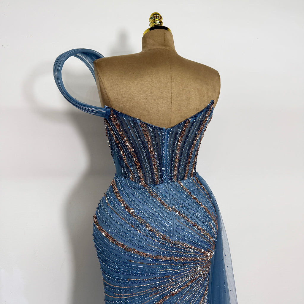 Luxury Dusty Blue Beaded Mermaid Evening Gown One Shoulder Tulle Overskirt Formal Prom Dress EV1727