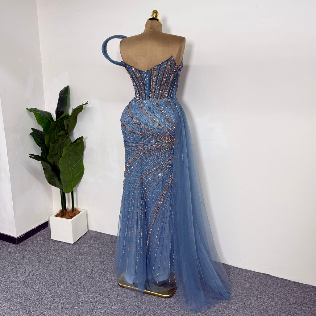 Luxury Dusty Blue Beaded Mermaid Evening Gown One Shoulder Tulle Overskirt Formal Prom Dress EV1727