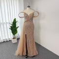Luxury Mermaid Evening Gown | Off Shoulder Loop Strap Rhinestone Beaded High Slit Formal Dress with Tulle Train for Wedding Party EV1814