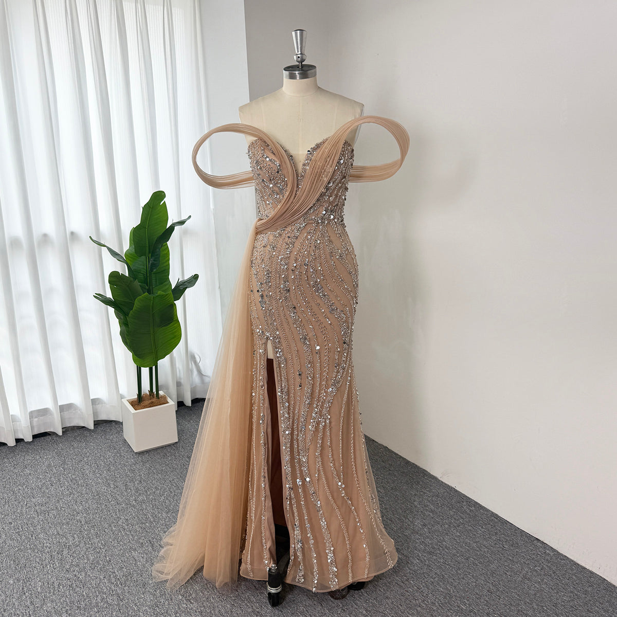 Luxury Mermaid Evening Gown | Off Shoulder Loop Strap Rhinestone Beaded High Slit Formal Dress with Tulle Train for Wedding Party EV1814