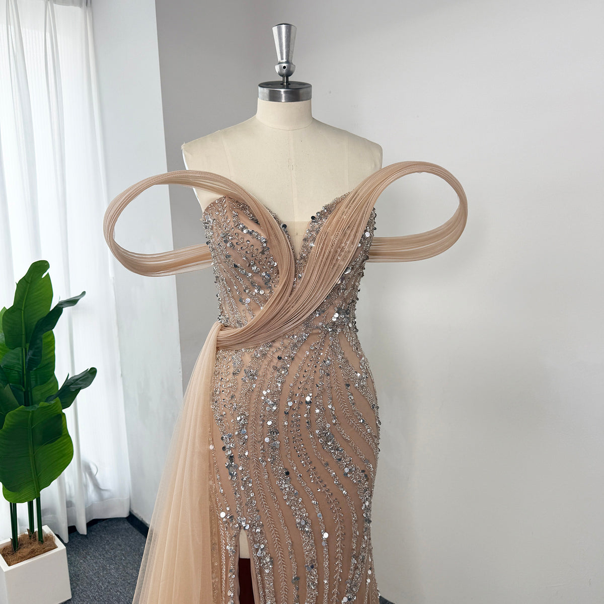 Luxury Mermaid Evening Gown | Off Shoulder Loop Strap Rhinestone Beaded High Slit Formal Dress with Tulle Train for Wedding Party EV1814