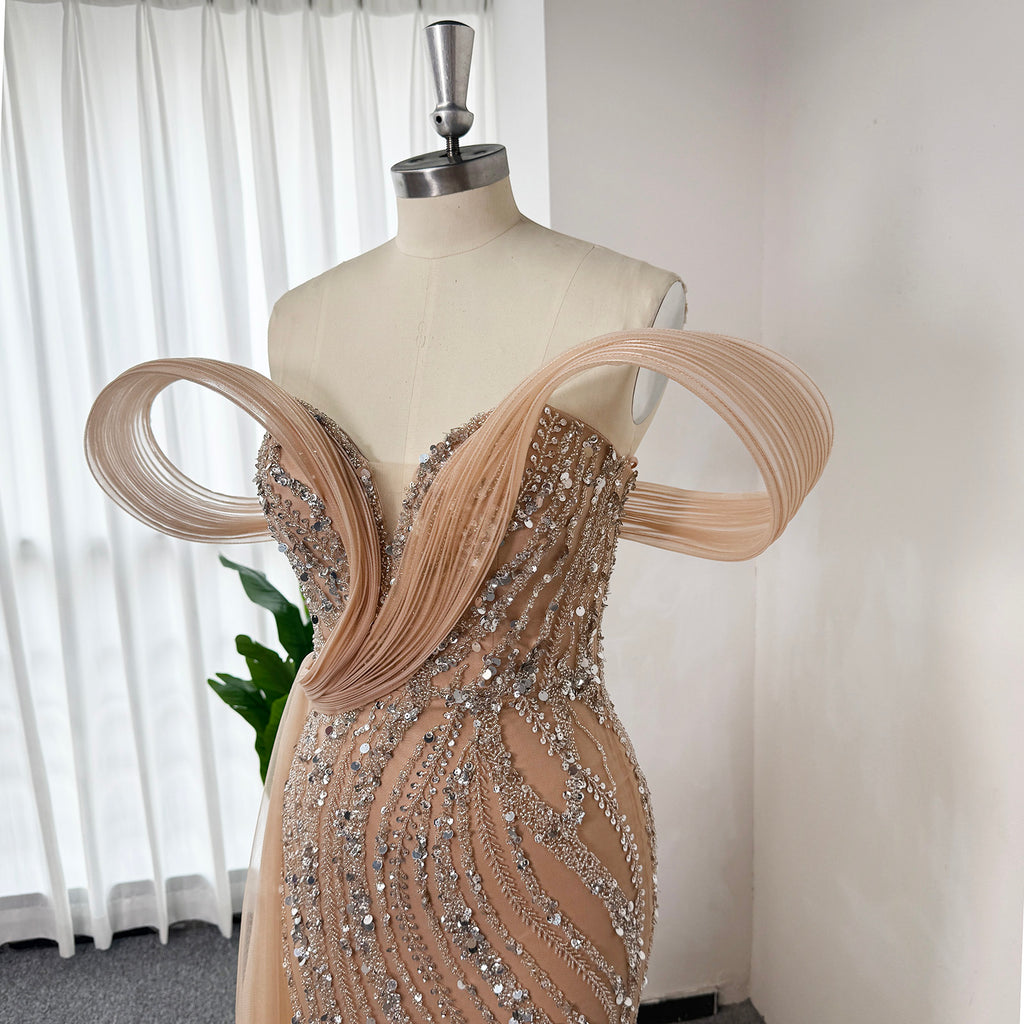 Luxury Mermaid Evening Gown | Off Shoulder Loop Strap Rhinestone Beaded High Slit Formal Dress with Tulle Train for Wedding Party EV1814