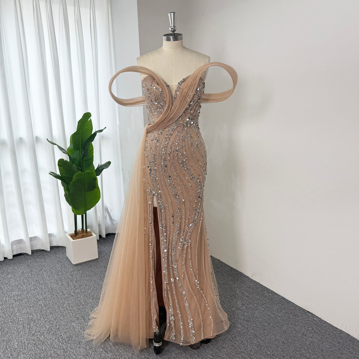 Luxury Mermaid Evening Gown | Off Shoulder Loop Strap Rhinestone Beaded High Slit Formal Dress with Tulle Train for Wedding Party EV1814