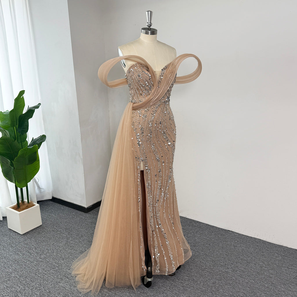 Luxury Mermaid Evening Gown | Off Shoulder Loop Strap Rhinestone Beaded High Slit Formal Dress with Tulle Train for Wedding Party EV1814