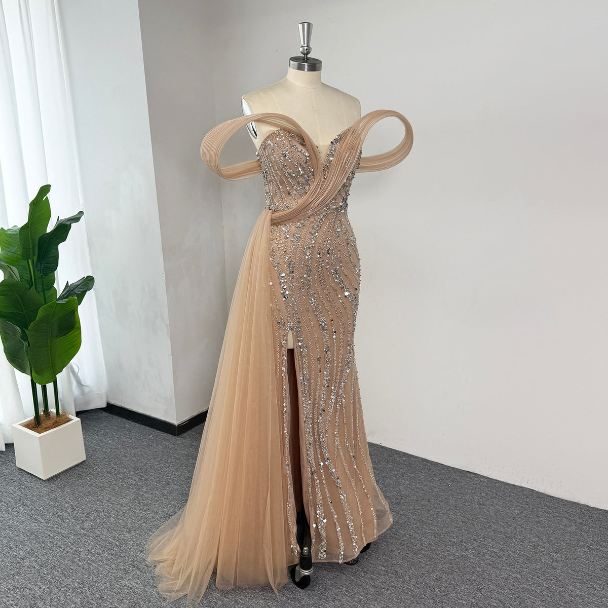 Luxury Mermaid Evening Gown | Off Shoulder Loop Strap Rhinestone Beaded High Slit Formal Dress with Tulle Train for Wedding Party EV1814