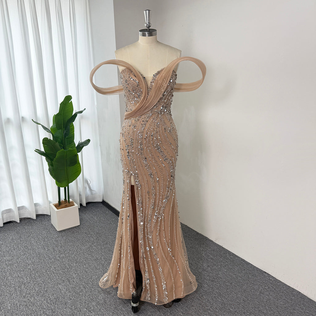 Luxury Mermaid Evening Gown | Off Shoulder Loop Strap Rhinestone Beaded High Slit Formal Dress with Tulle Train for Wedding Party EV1814