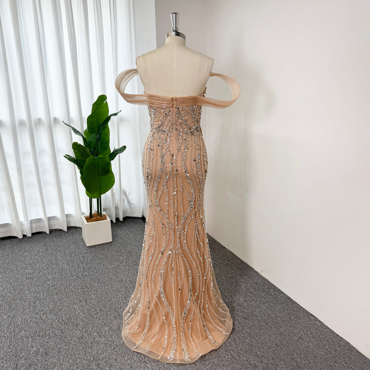 Luxury Mermaid Evening Gown | Off Shoulder Loop Strap Rhinestone Beaded High Slit Formal Dress with Tulle Train for Wedding Party EV1814