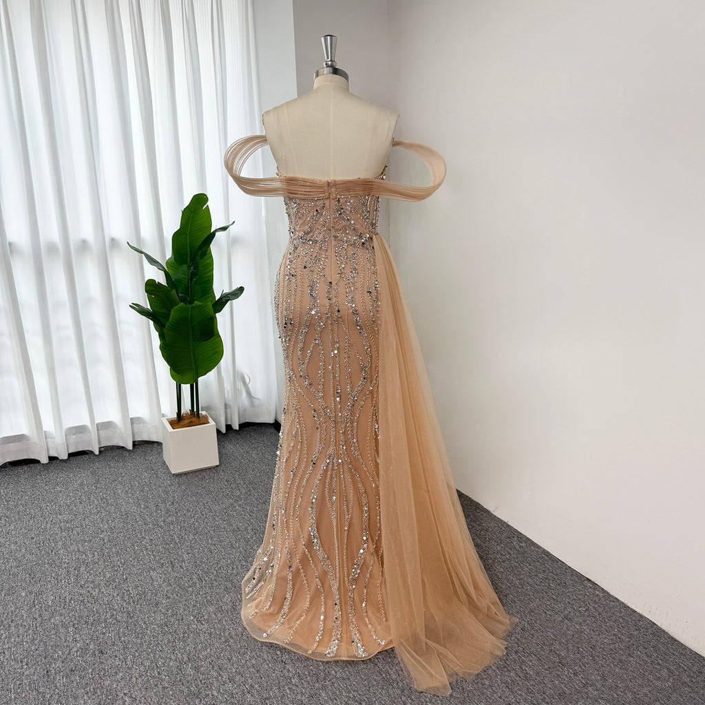Luxury Mermaid Evening Gown | Off Shoulder Loop Strap Rhinestone Beaded High Slit Formal Dress with Tulle Train for Wedding Party EV1814