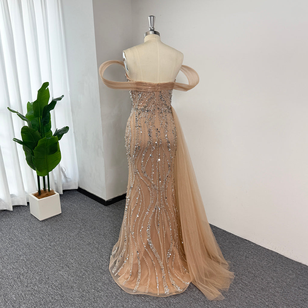 Luxury Mermaid Evening Gown | Off Shoulder Loop Strap Rhinestone Beaded High Slit Formal Dress with Tulle Train for Wedding Party EV1814