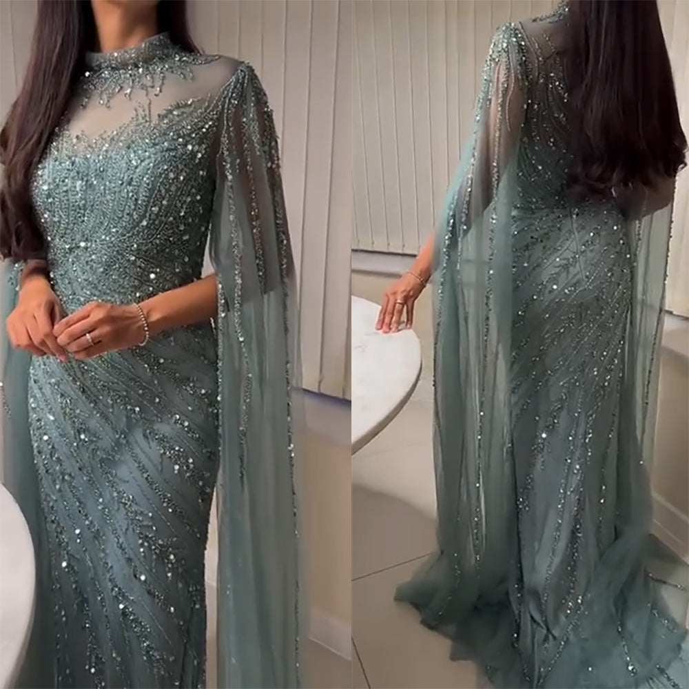 Luxury Dubai Champagne Rhinestone Mermaid Evening Dress High Neck Tulle Cape Sleeve Formal Gown For Wedding Banquet EV1166