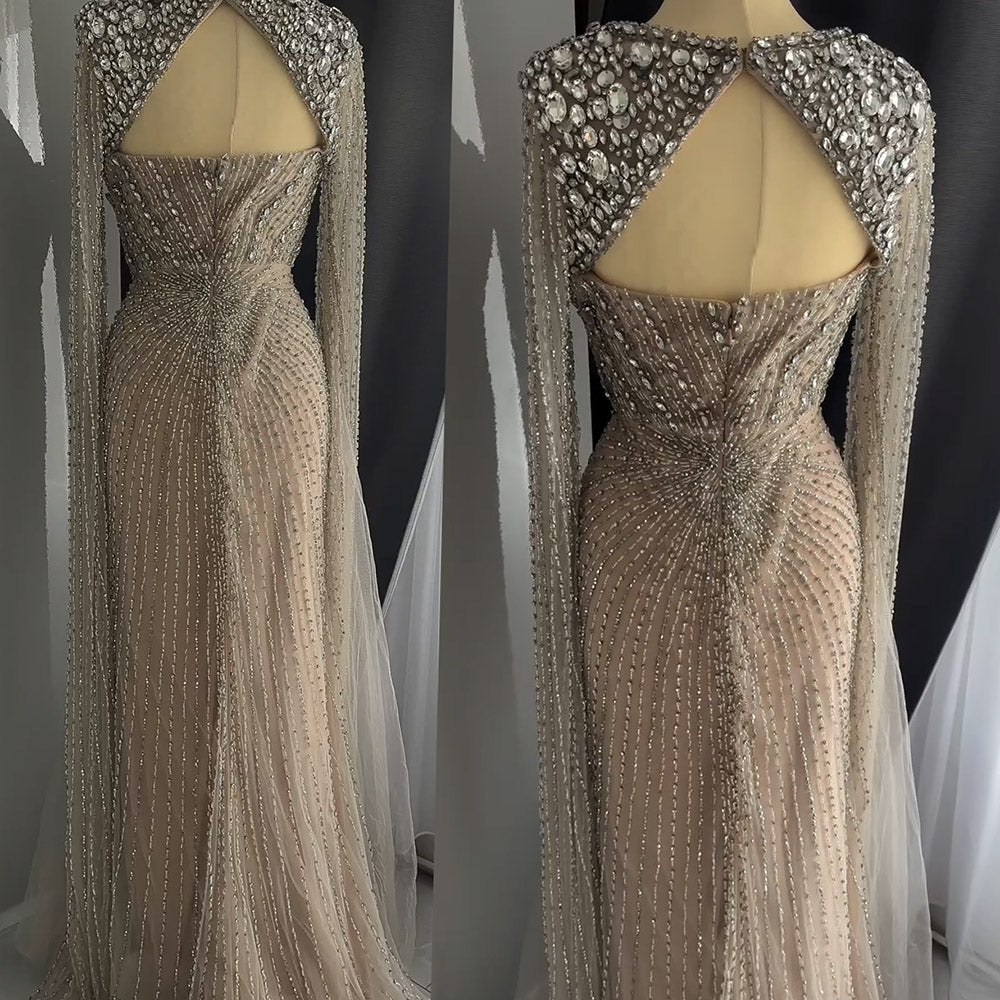 Luxury Champagne Beaded Mermaid Evening Gown With Sheer Cape Sleeves Sparkly Formal Prom Wedding Guest Dress EV1338