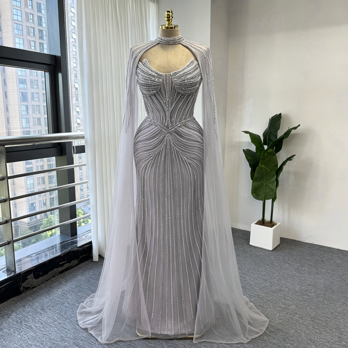 Luxury Rhinestone Mermaid Evening Dress Champagne High Neck Beaded Handmade Formal Gown With Sheer Tulle Cape For Arabic Wedding EV1802