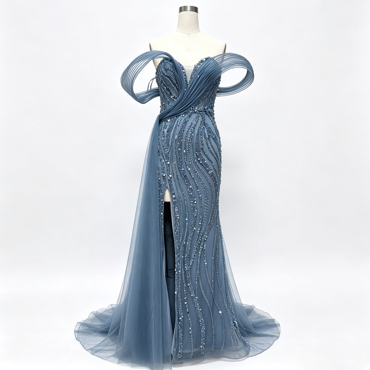 Luxury Mermaid Evening Gown | Off Shoulder Loop Strap Rhinestone Beaded High Slit Formal Dress with Tulle Train for Wedding Party EV1814