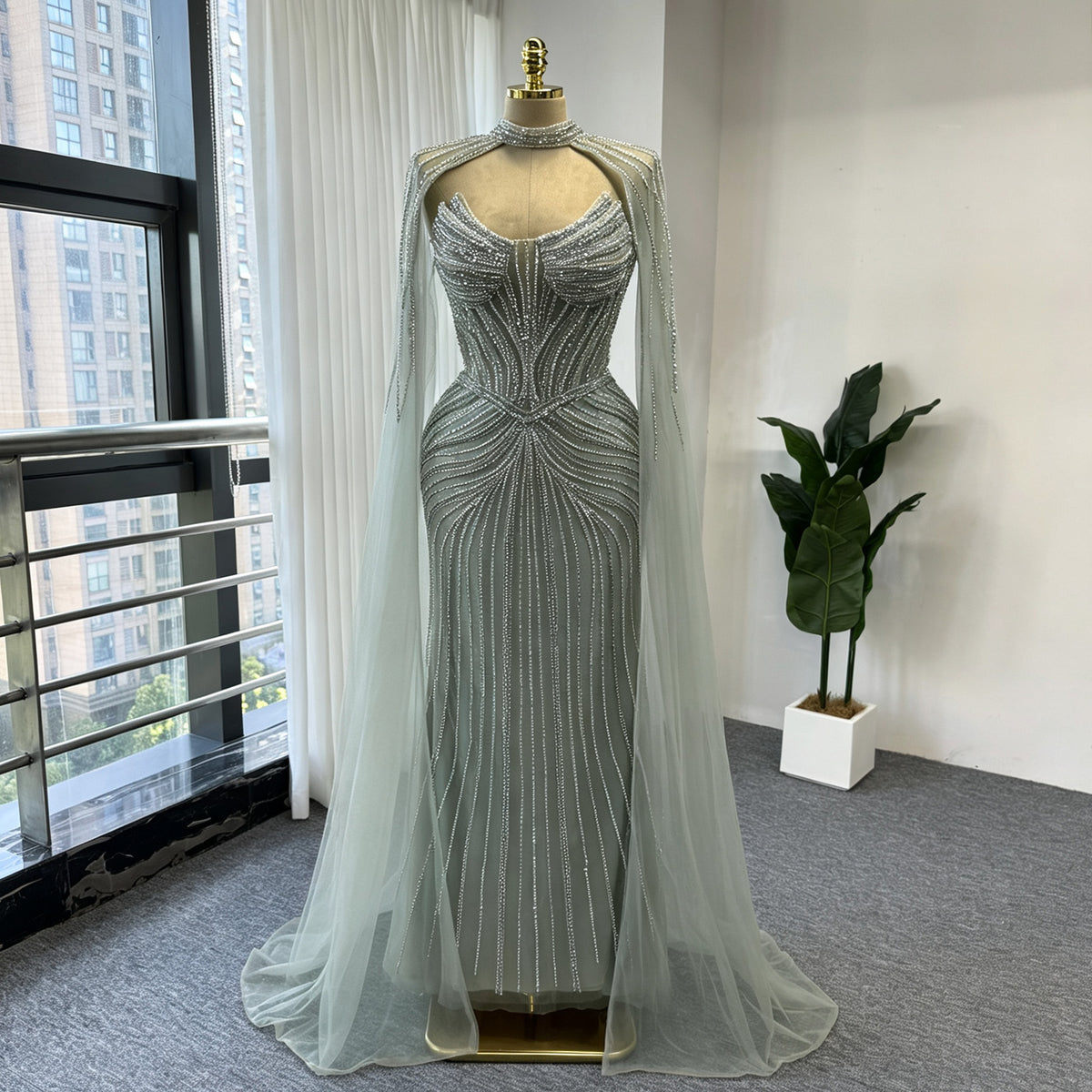 Luxury Rhinestone Mermaid Evening Dress Champagne High Neck Beaded Handmade Formal Gown With Sheer Tulle Cape For Arabic Wedding EV1802