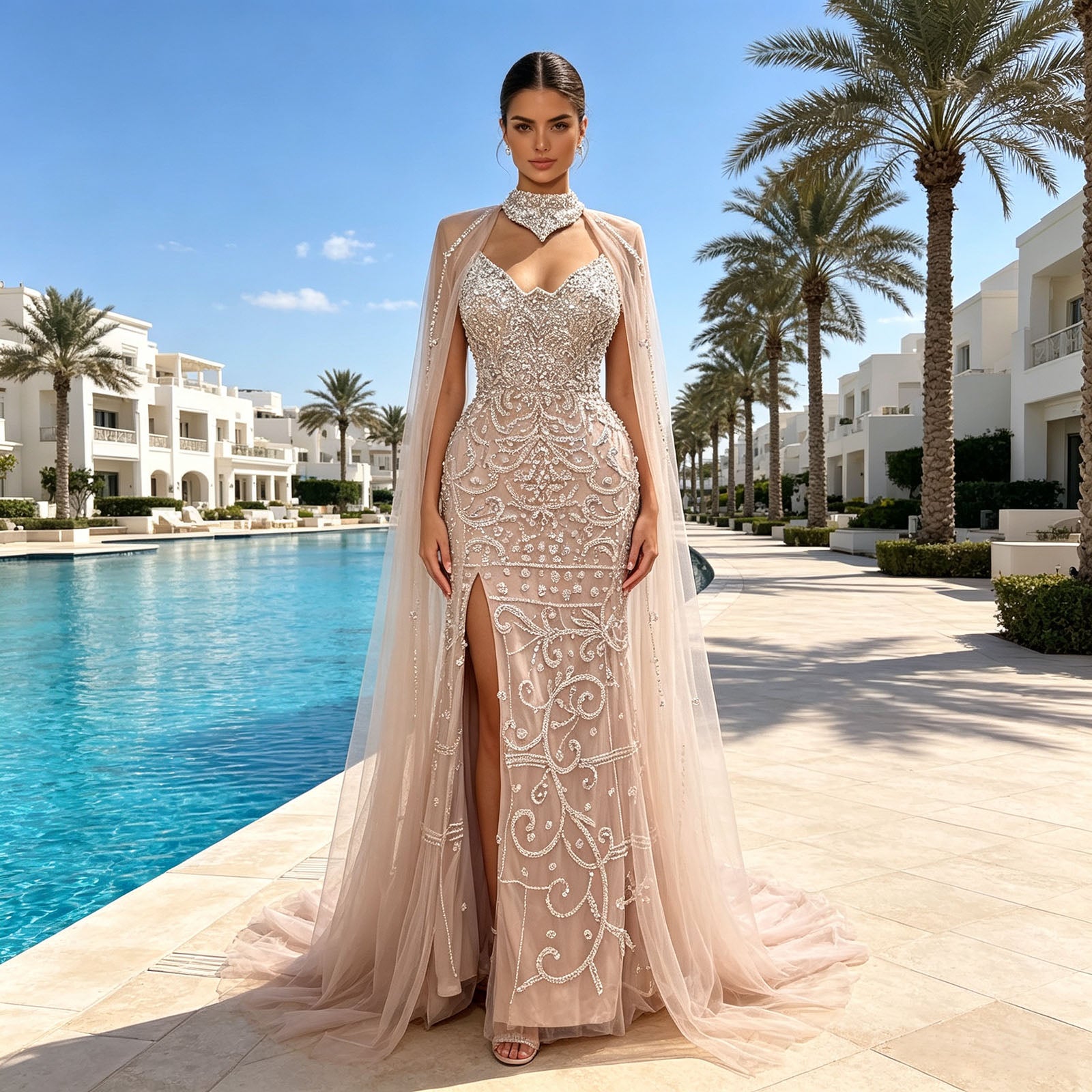 Champagne Nude Beaded Mermaid Evening Gown With Cape | High Neck Formal Dress With Slit For Wedding Party