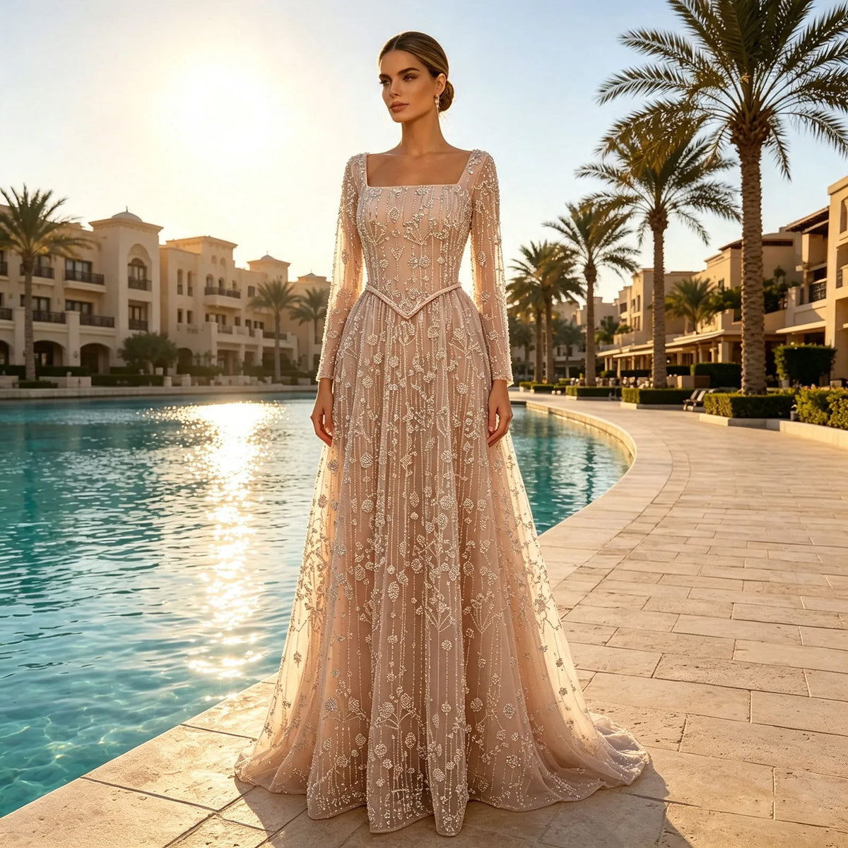 Champagne Square Neck Long Sleeve Beaded Evening Dress, Luxury Hand Embroidery A-Line Formal Gown, Modest Muslim Wedding Guest Dress EV1707