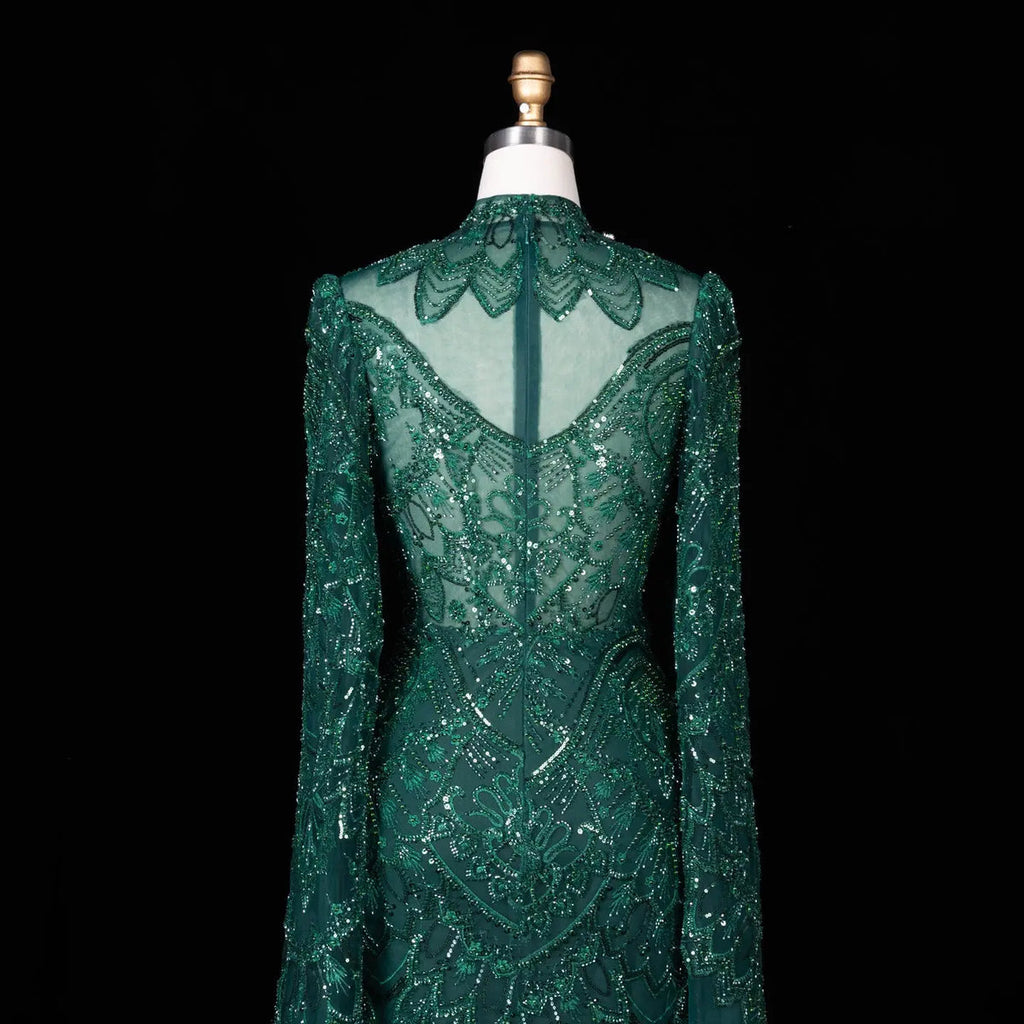 Alinovia Emerald Green Mermaid Evening Gown, Hand Sequined Beaded High Neck Cape Sleeve Formal Dress for Muslim Wedding EV1817
