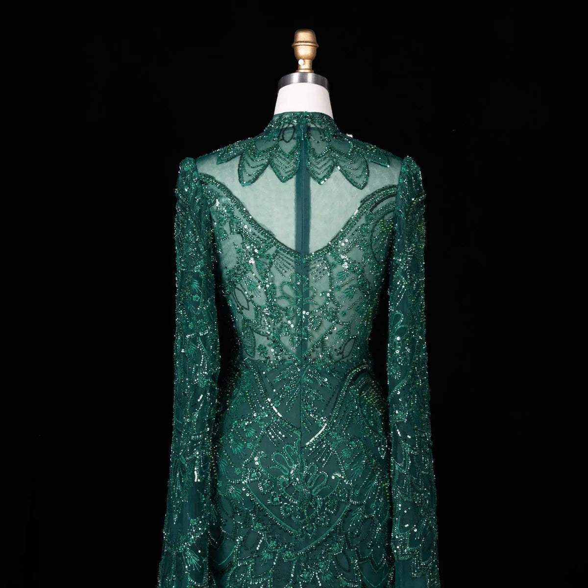 Alinovia Emerald Green Mermaid Evening Gown, Hand Sequined Beaded High Neck Cape Sleeve Formal Dress for Muslim Wedding EV1817