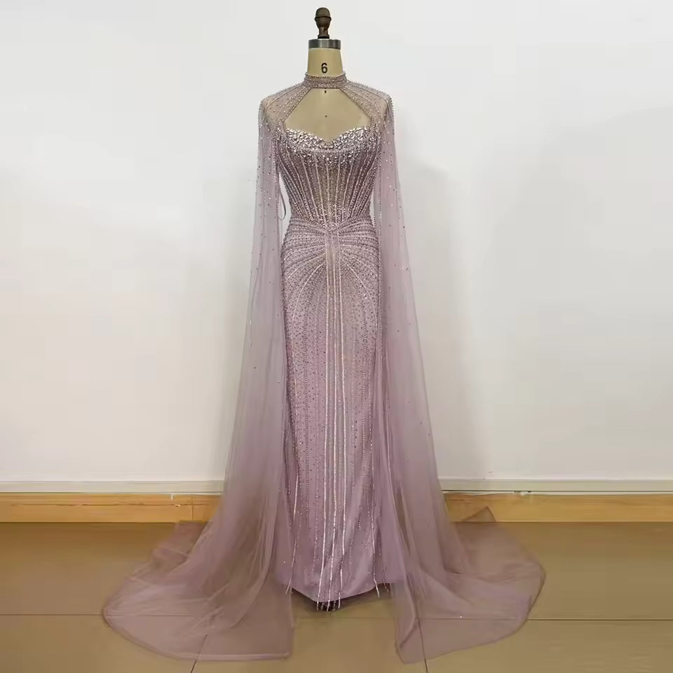 Luxury Dubai Rhinestone Evening Dress With Long Tulle Cape Sleeves Fitted Bodycon Formal Gown For Beach Wedding Banquet Gala EV1337