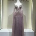 Luxury Champagne Beaded Mermaid Evening Gown With Sheer Cape Sleeves Sparkly Formal Prom Wedding Guest Dress EV1338
