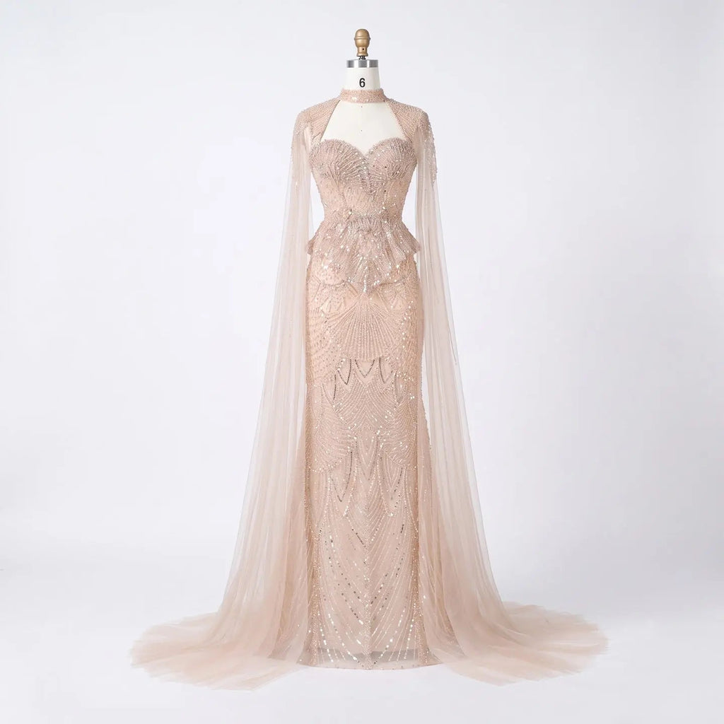 Luxury Modest Champagne Mermaid Evening Gown Beaded Formal Dress With Cape Sleeves For Muslim Wedding EV1816