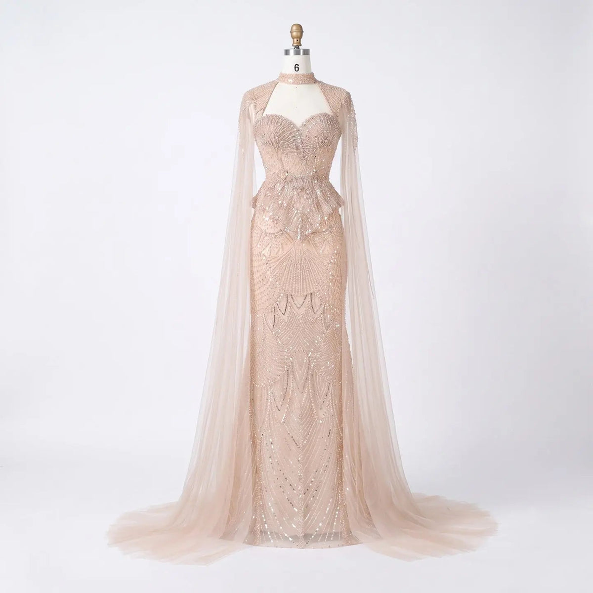 Luxury Modest Champagne Mermaid Evening Gown Beaded Formal Dress With Cape Sleeves For Muslim Wedding EV1816