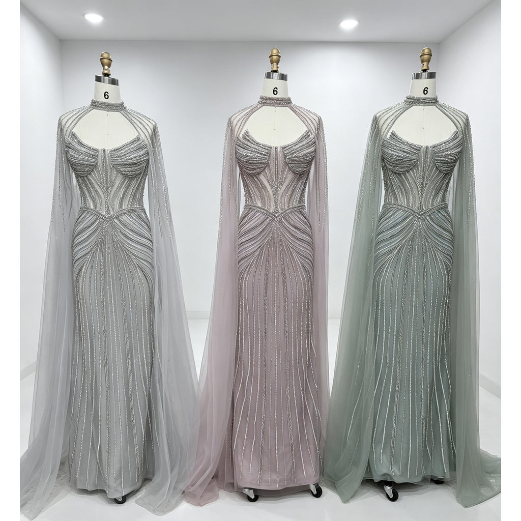 Luxury Rhinestone Mermaid Evening Dress Champagne High Neck Beaded Handmade Formal Gown With Sheer Tulle Cape For Arabic Wedding EV1802