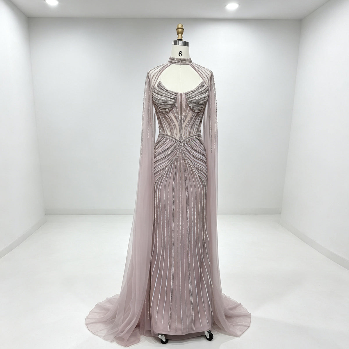 Luxury Rhinestone Mermaid Evening Dress Champagne High Neck Beaded Handmade Formal Gown With Sheer Tulle Cape For Arabic Wedding EV1802