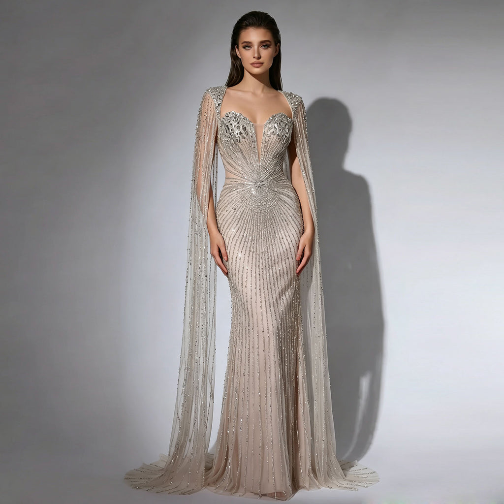 Luxury Champagne Beaded Mermaid Evening Gown With Sheer Cape Sleeves Sparkly Formal Prom Wedding Guest Dress EV1338
