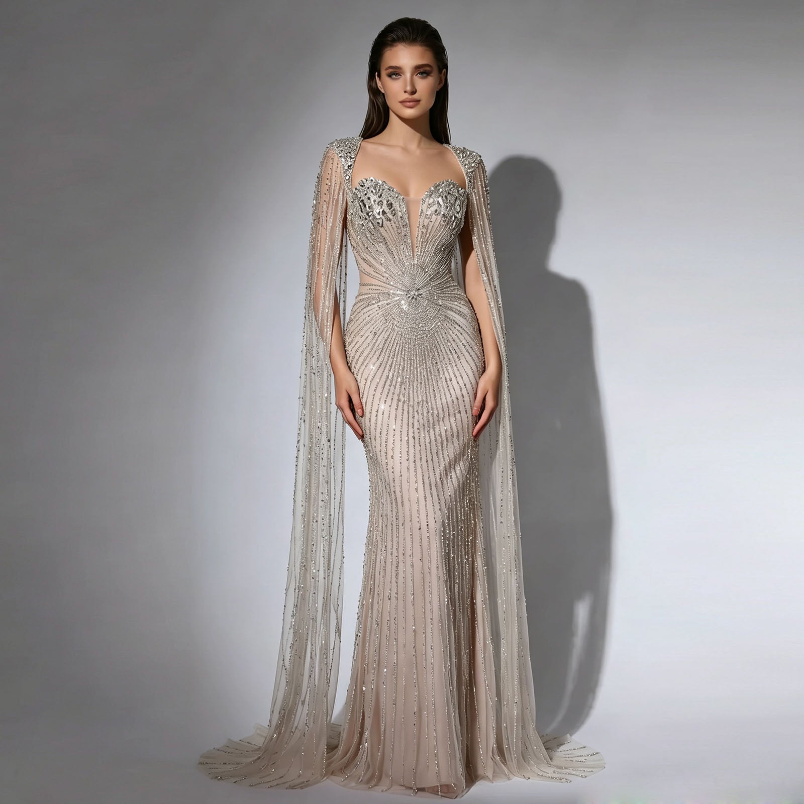 Luxury Champagne Beaded Mermaid Evening Gown With Sheer Cape Sleeves Sparkly Formal Prom Wedding Guest Dress EV1338