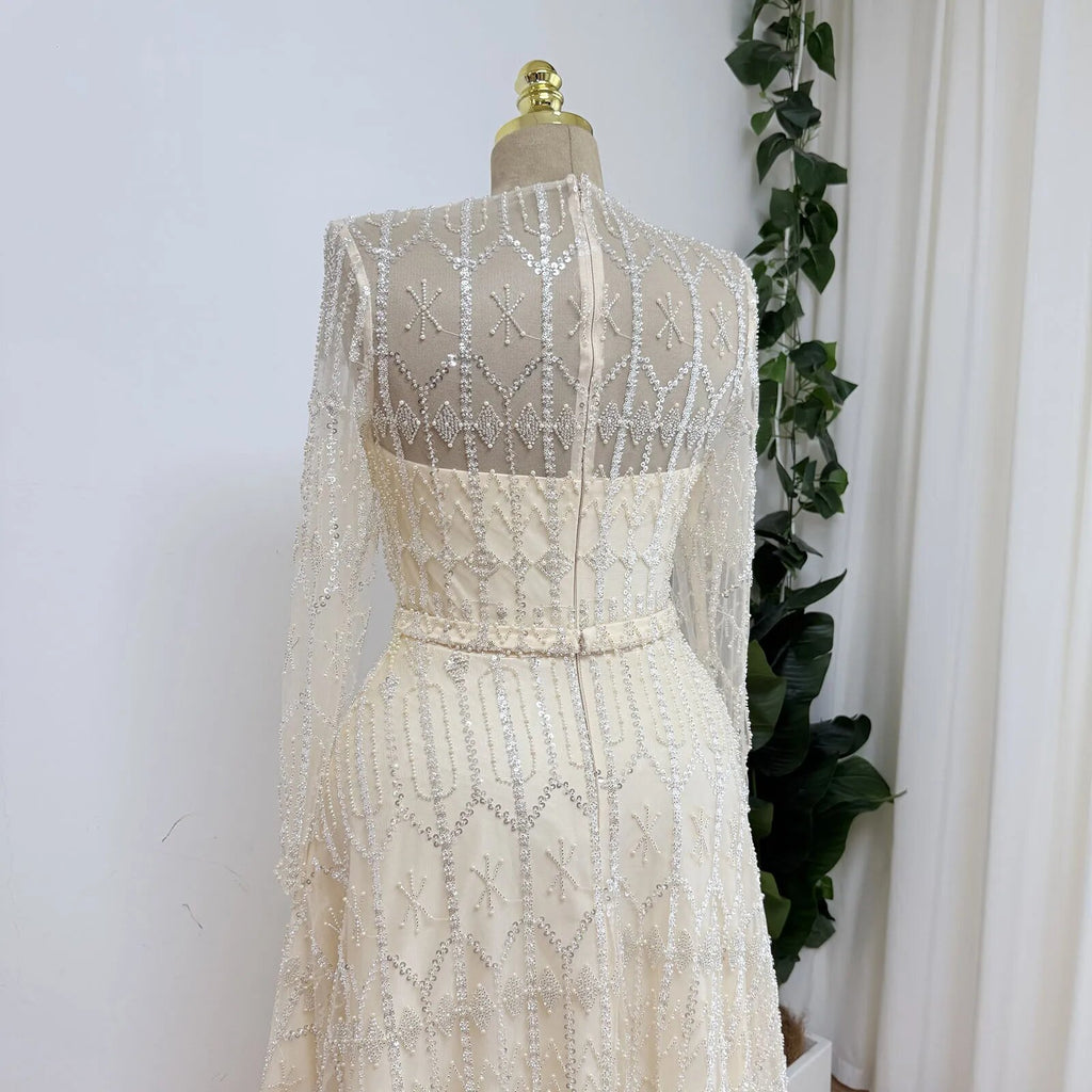 Luxury Beaded Long Sleeve Champagne Evening Gown Modest A‑Line Floor Length Wedding Dress For Women Dubai Formal Party Dress EV1786