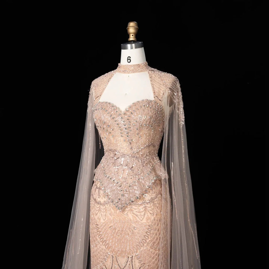 Luxury Modest Champagne Mermaid Evening Gown Beaded Formal Dress With Cape Sleeves For Muslim Wedding EV1816