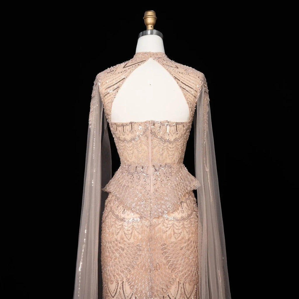 Luxury Modest Champagne Mermaid Evening Gown Beaded Formal Dress With Cape Sleeves For Muslim Wedding EV1816