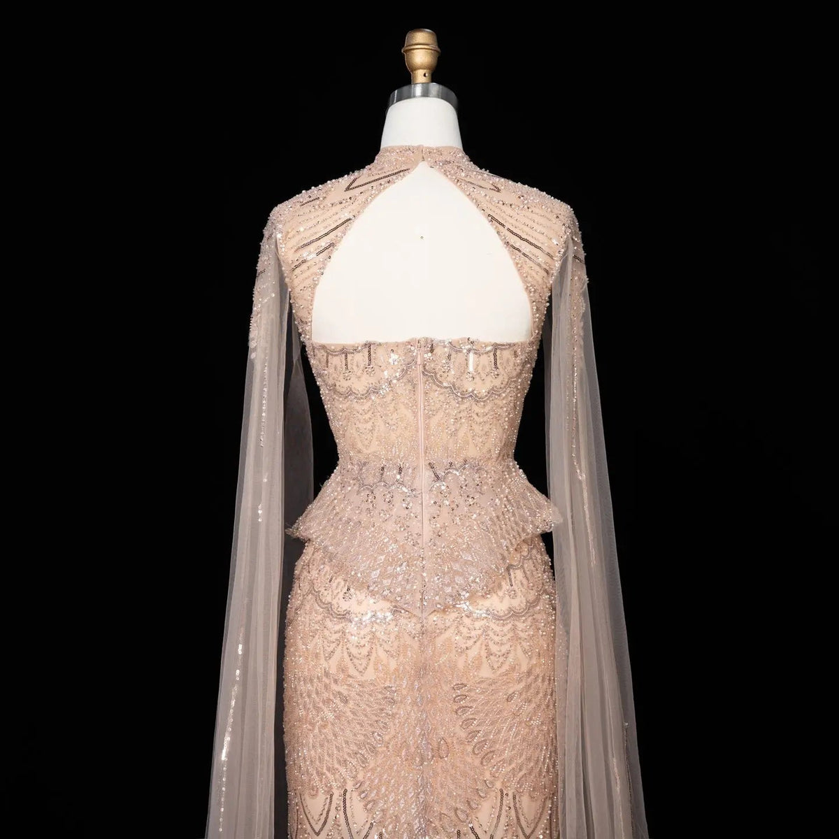 Luxury Modest Champagne Mermaid Evening Gown Beaded Formal Dress With Cape Sleeves For Muslim Wedding EV1816