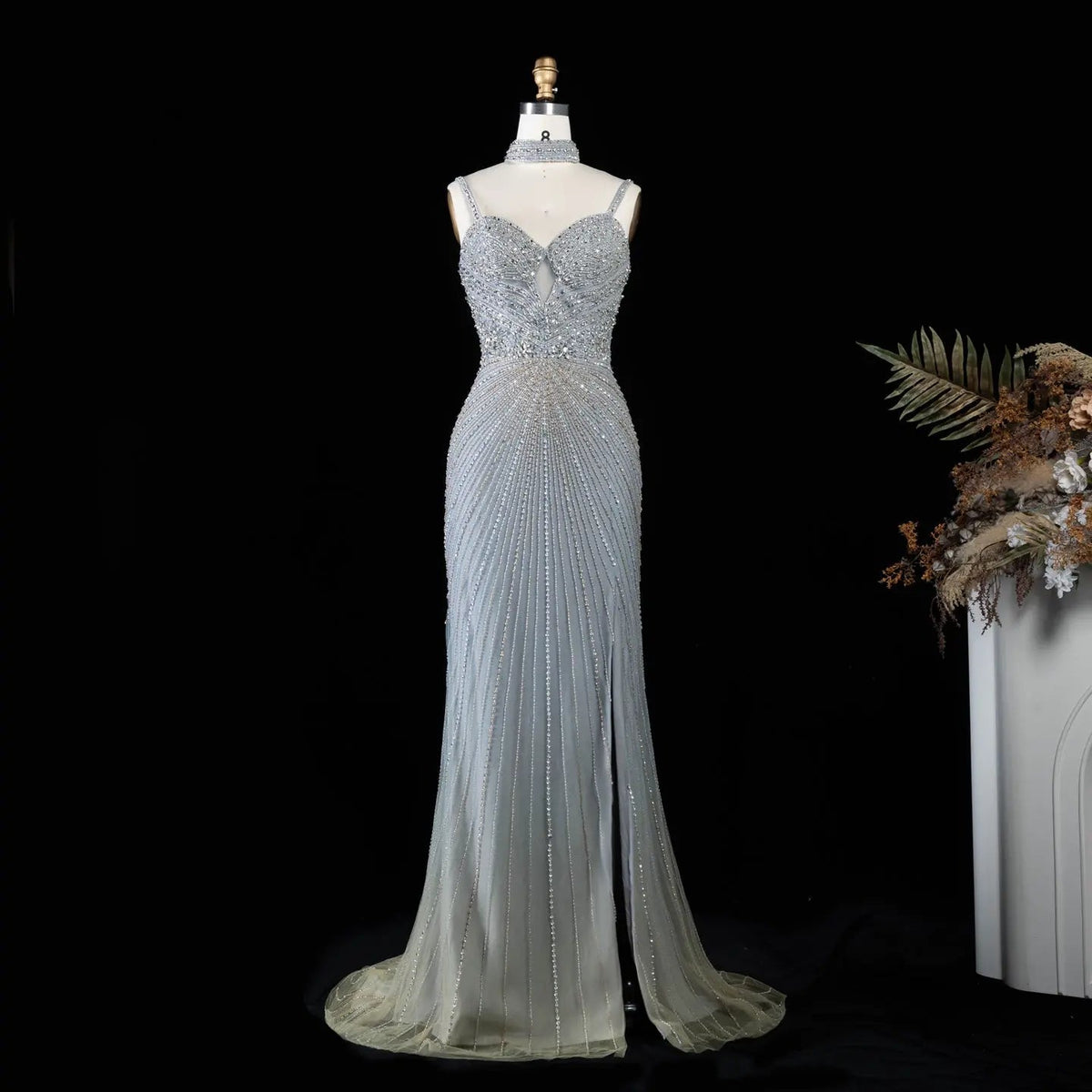Alinovia Mermaid Evening Gown Beaded Handmade Spaghetti Strap Formal Dress With Side Slit for Prom & Gala EV1819