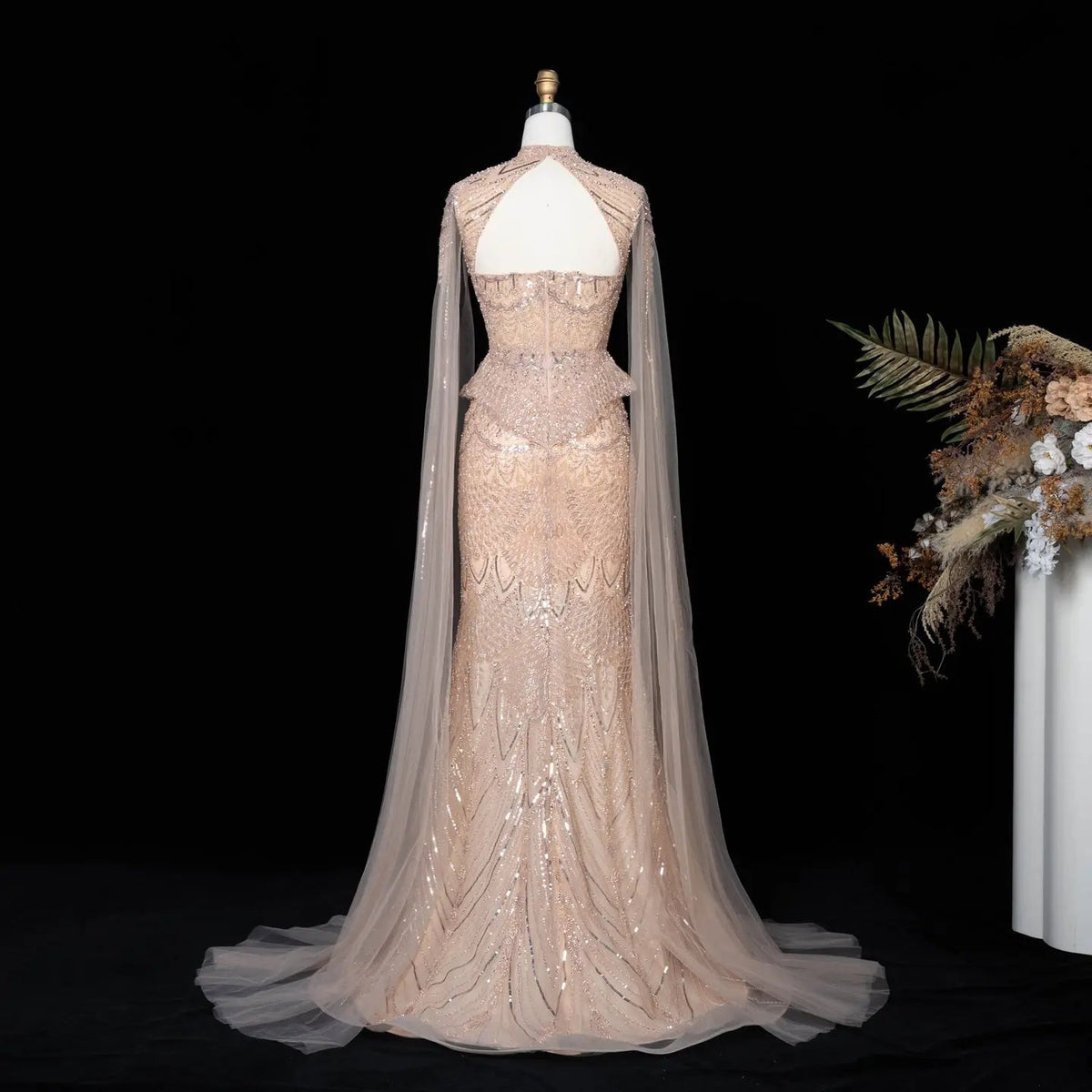 Luxury Modest Champagne Mermaid Evening Gown Beaded Formal Dress With Cape Sleeves For Muslim Wedding EV1816