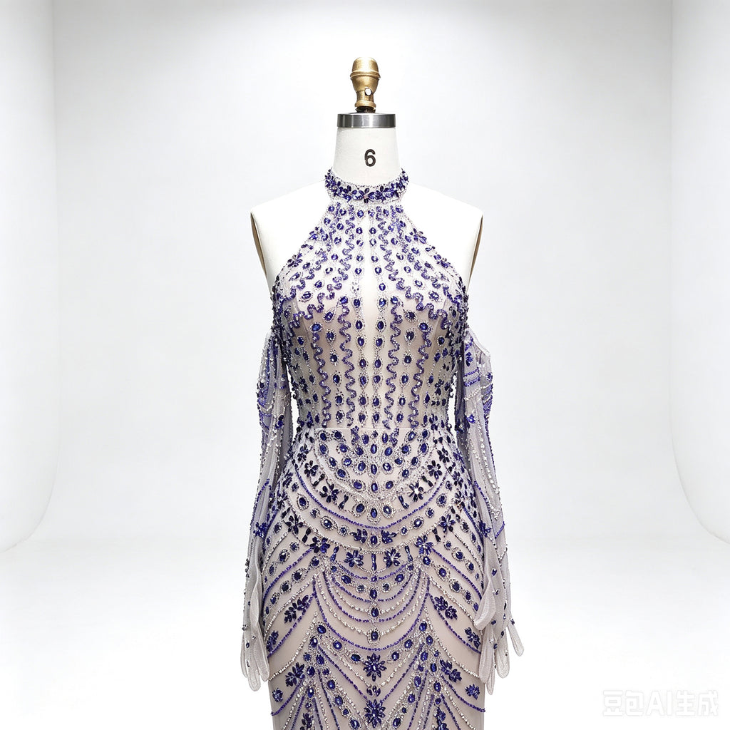 Luxury Mermaid Evening Gown Royal Blue Heavy Beaded Halter Formal Dress With Detachable Long Mesh Gloves For Wedding Party EV1774