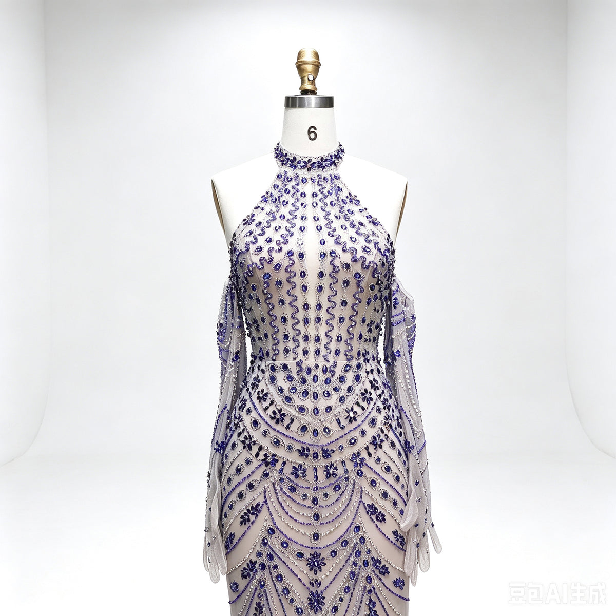 Luxury Mermaid Evening Gown Royal Blue Heavy Beaded Halter Formal Dress With Detachable Long Mesh Gloves For Wedding Party EV1774