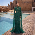 Alinovia Emerald Green Mermaid Evening Gown, Hand Sequined Beaded High Neck Cape Sleeve Formal Dress for Muslim Wedding EV1817