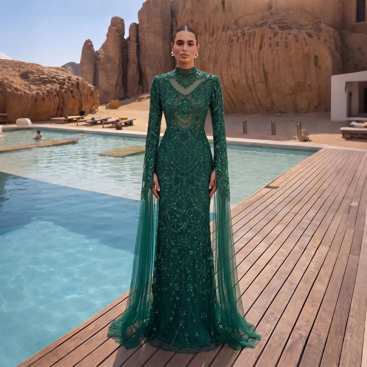 Alinovia Emerald Green Mermaid Evening Gown, Hand Sequined Beaded High Neck Cape Sleeve Formal Dress for Muslim Wedding EV1817