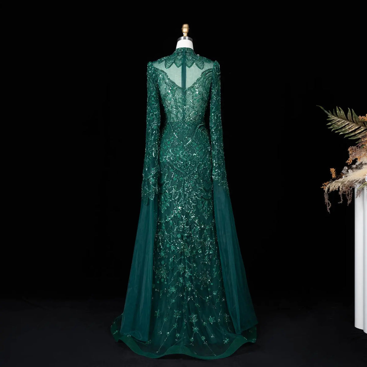 Alinovia Emerald Green Mermaid Evening Gown, Hand Sequined Beaded High Neck Cape Sleeve Formal Dress for Muslim Wedding EV1817