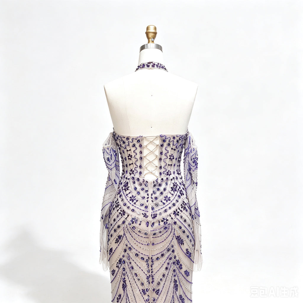 Luxury Mermaid Evening Gown Royal Blue Heavy Beaded Halter Formal Dress With Detachable Long Mesh Gloves For Wedding Party EV1774
