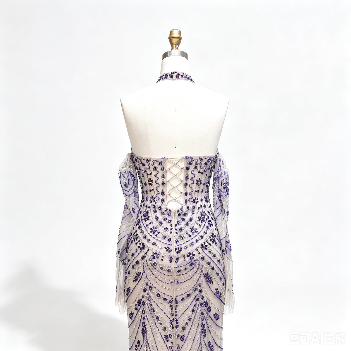 Luxury Mermaid Evening Gown Royal Blue Heavy Beaded Halter Formal Dress With Detachable Long Mesh Gloves For Wedding Party EV1774