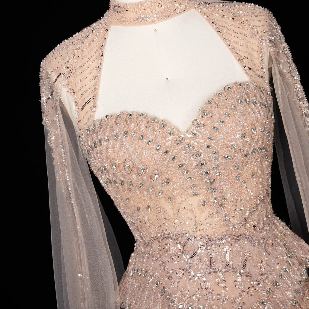 Luxury Modest Champagne Mermaid Evening Gown Beaded Formal Dress With Cape Sleeves For Muslim Wedding EV1816