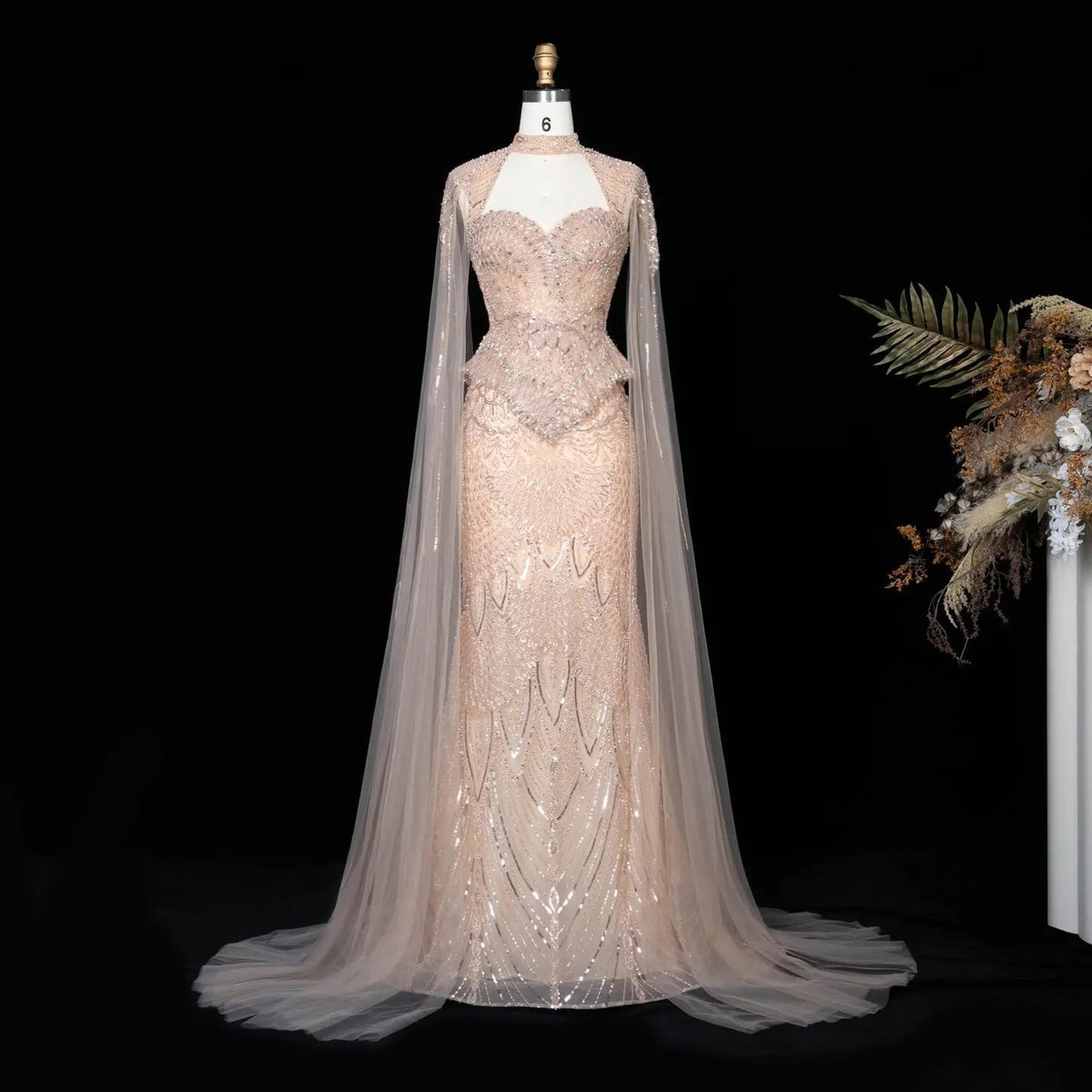 Luxury Modest Champagne Mermaid Evening Gown Beaded Formal Dress With Cape Sleeves For Muslim Wedding EV1816
