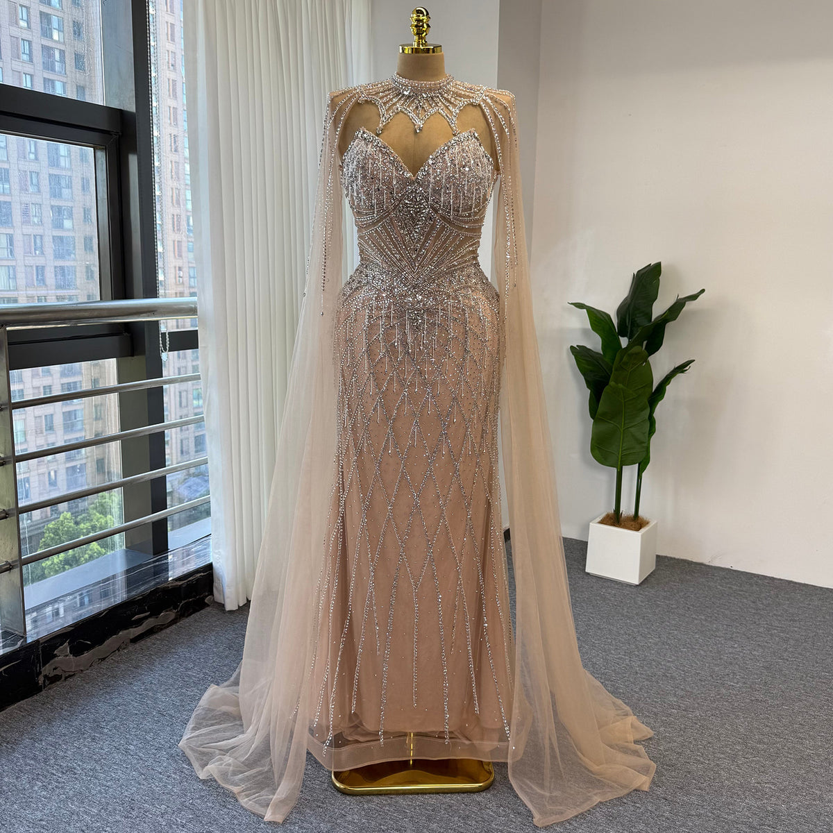 Luxury Rhinestone Mermaid Evening Dress Champagne High Neck Formal Gown With Sheer Tulle Cape For Arabic Wedding