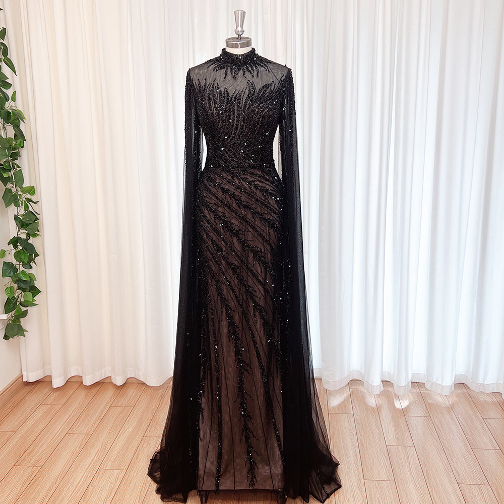 Luxury Dubai Champagne Rhinestone Mermaid Evening Dress High Neck Tulle Cape Sleeve Formal Gown For Wedding Banquet EV1166