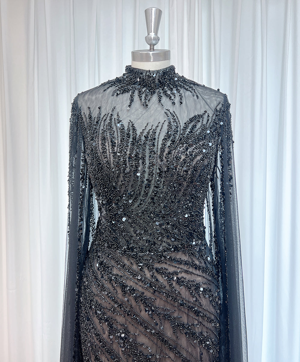 Luxury Dubai Champagne Rhinestone Mermaid Evening Dress High Neck Tulle Cape Sleeve Formal Gown For Wedding Banquet EV1166