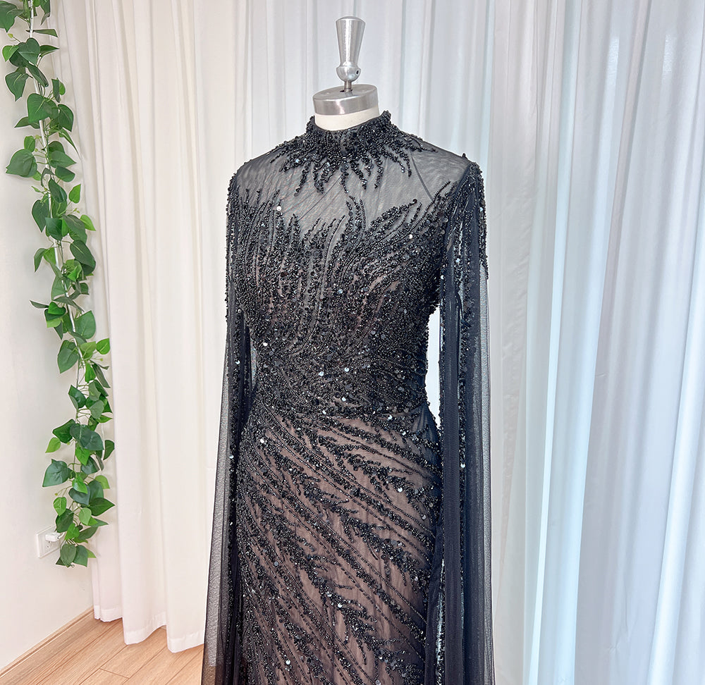 Luxury Dubai Champagne Rhinestone Mermaid Evening Dress High Neck Tulle Cape Sleeve Formal Gown For Wedding Banquet EV1166